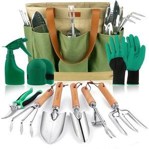 Garden Tools Set, Heavy Duty Stainless Steel Hand Tools w/ Wooden Handle + Bag